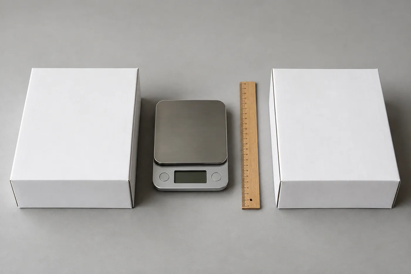 Deux boîtes blanches sans inscription de part et d'autre d'une balance de précision