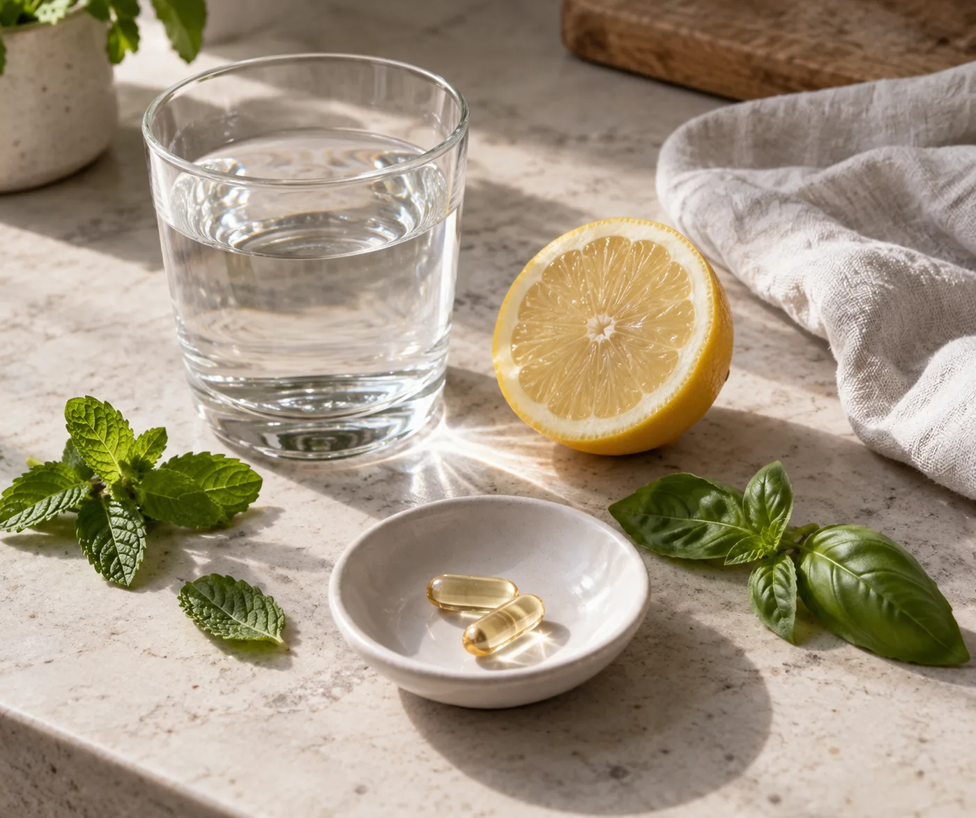Verre d'eau, demi-citron, menthe fraîche et deux gélules dans une coupelle